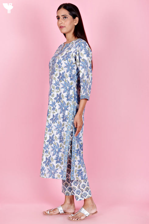 Bizzy Lizzy Kurta And Pant Set With Kota Dupatta In Block Print